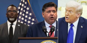 President Donald Trump called out Chicago Mayor Brandon Johnson, left, and Illinois Gov. JB Pritzker for “failing to protect ICE Officers.”