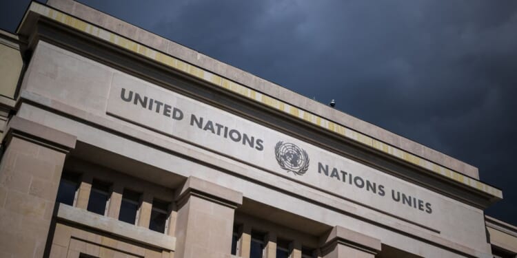A sign of the United Nations sits on the side of a building housing UN offices in Geneva on Sept. 15, 2025.