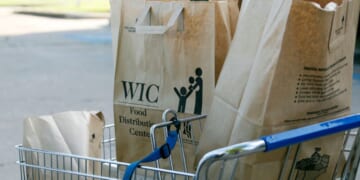 Grocery bags with food from the Special Supplemental Nutrition Program for Women, Infants and Children, WIC, sit in a shopping cart before being loaded into a vehicle in Jackson, Mississippi, on Oct. 3, 2013.