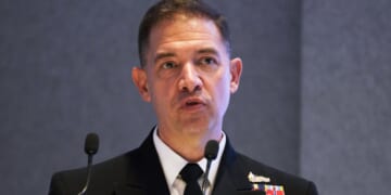 Then-U.S. Navy Vice Adm. Brad Cooper speaks at an event at the International Defense Exhibition and Conference in Abu Dhabi, United Arab Emirates on Feb. 21, 2023.