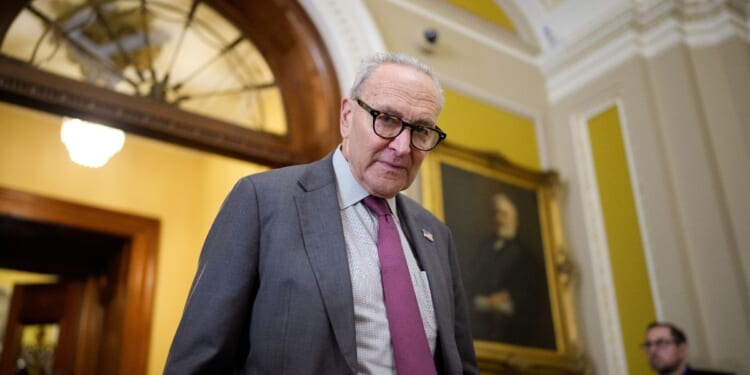Senate Minority Leader Chuck Schumer, a Democrat from New York, arrives for a news conference following a weekly Democratic policy luncheon on Capitol Hill on Oct. 7, 2025, in Washington, D.C.