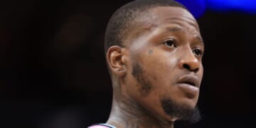 Terry Rozier of the Miami Heat looks on against the Washington Wizards during the second quarter of the game in Miami, Florida, on April 13.