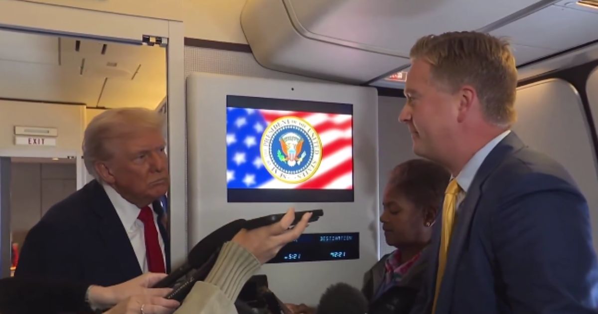 After being asked a question by Fox News' Peter Doocy, right, aboard Air Force One, President Donald Trump, left, discussed his salvation and stated that he was unsure he would be able to get into Heaven.