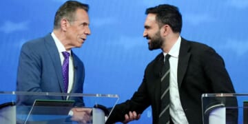 New York City mayoral candidates - independent Andrew Cuomo, left, and Democrat Zohran Mamdani, right - shake hands before the start of the debate in New York City on Oct. 16.