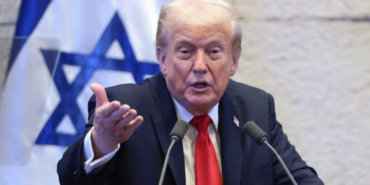 President Donald Trump addresses the Knesset, Israel's parliament, Monday in Jerusalem.