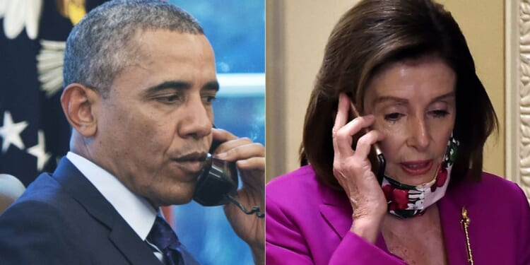 According to a new book, former President Barack Obama, left, called Rep. Nancy Pelosi, right, after she publicly endorsed then-Vice President Kamala Harris as the Democratic presidential candidate, as he wanted to have a primary after then-President Joe Biden dropped out of the 2024 election.