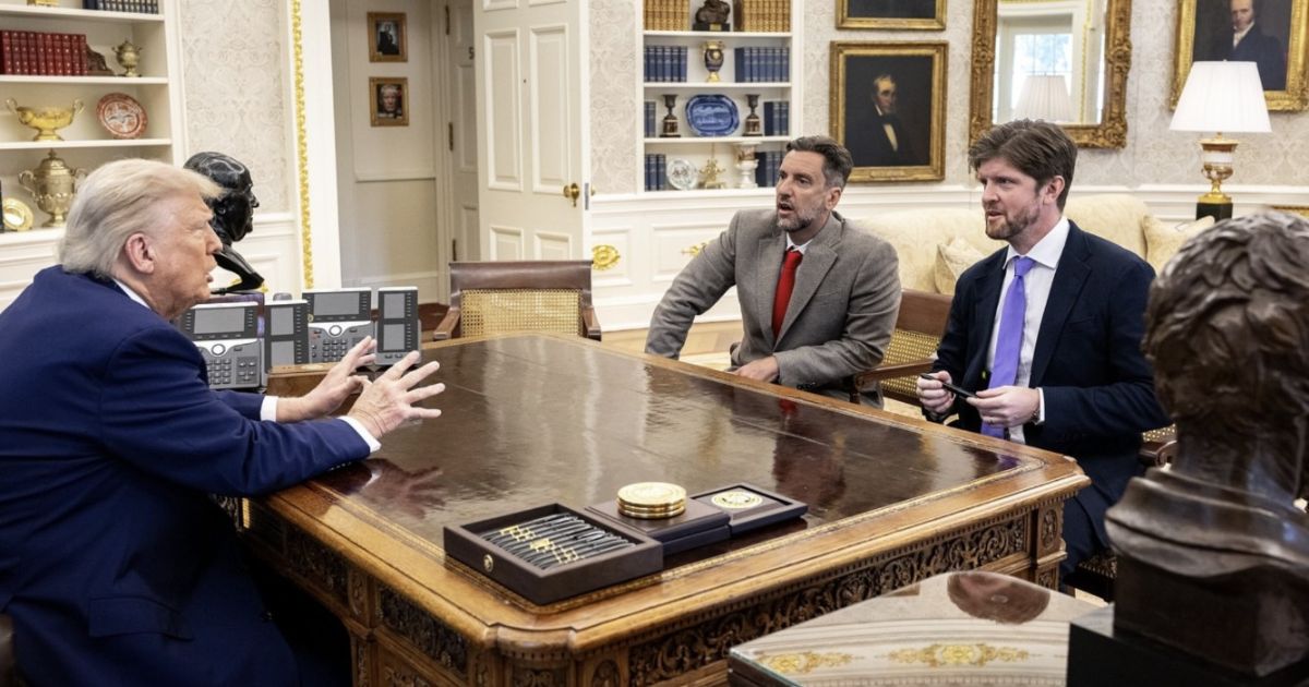 Buck Sexton, right, sits down for a meeting with President Donald Trump, left, at the White House in Washington, D.C.