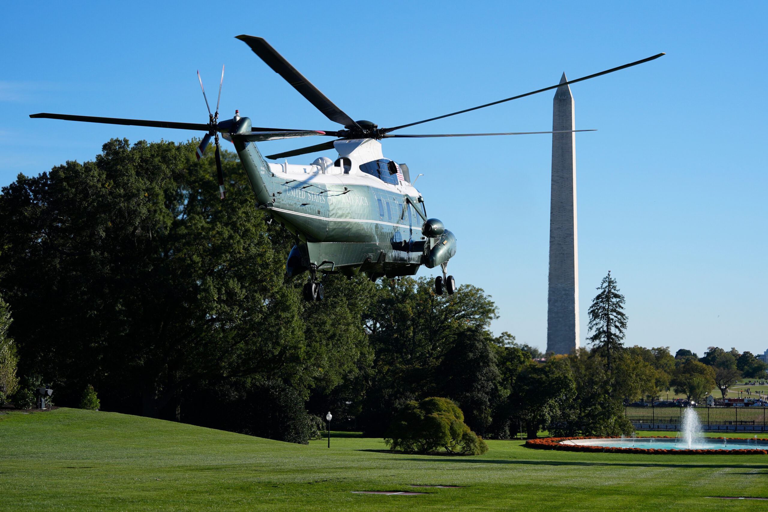 Marine One with President Donald Trump on board departs from the South Lawn of the White House on Oct. 17, 2025, in Washington, D.C.