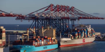 The Maersk Yosemite and the OOCL Utah container ships are seen at the Port of Long Beach on Sept. 9, 2025, in Long Beach, California.