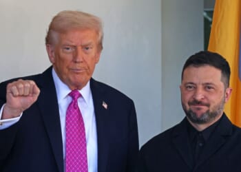 President Donald Trump gestures as he greets Ukrainian President Volodymyr Zelensky as he arrives for a meeting at the White House in Washington, D.C., on Oct. 17, 2025.