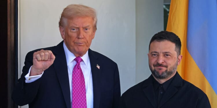 President Donald Trump gestures as he greets Ukrainian President Volodymyr Zelensky as he arrives for a meeting at the White House in Washington, D.C., on Oct. 17, 2025.