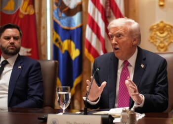 Vice President J.D. Vance looks on as President Donald Trump speaks during a lunch meeting with Ukrainian President Volodymyr Zelensky at the White House on Oct. 17, 2025, in Washington, D.C.