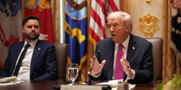 Vice President J.D. Vance looks on as President Donald Trump speaks during a lunch meeting with Ukrainian President Volodymyr Zelensky at the White House on Oct. 17, 2025, in Washington, D.C.