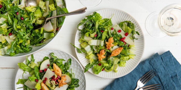 RECIPE: Pears, Parmesan and pomegranate seeds in this Thanksgiving salad with puff pastry croutons
