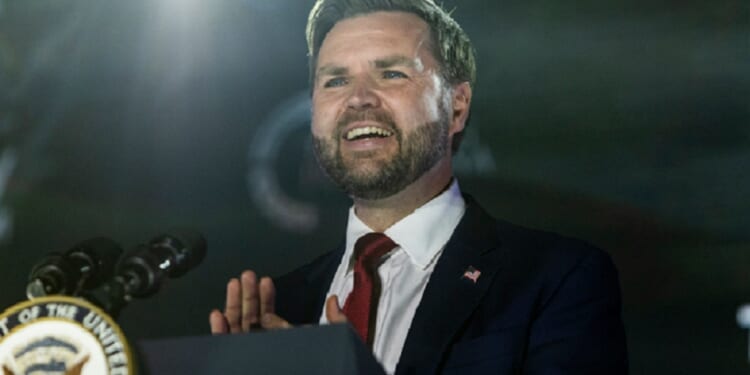 Vice President J.D. Vance laughs on Wednesday during an address at a Turning Point USA event at the University of Mississippi in Oxford, Mississippi.