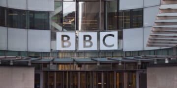 People walk outside Broadcasting House, the BBC headquarters in central London, England, on Oct. 11, 2024.