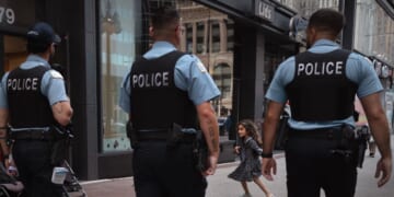 Chicago police patrol downtown on Aug. 26, 2025, in Chicago, Illinois.