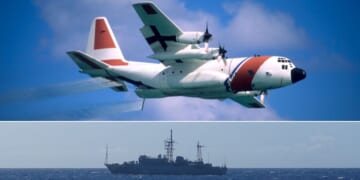 A Coast Guard HC-130, similar to that shown in a file photo at top, helped monitor the Russian spy ship as it lingered near Hawaii.