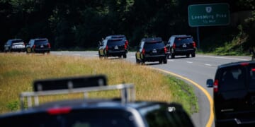 President Donald Trump rides in a motorcade to his private golf club on the morning of July 4, 2025, in Sterling, Virginia.