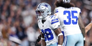 Alijah Clark of the Dallas Cowboys reacts during the fourth quarter against the Las Vegas Raiders at Allegiant Stadium on Nov. 17, 2025, in Las Vegas, Nevada.