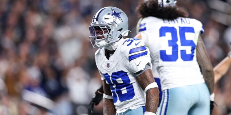 Alijah Clark of the Dallas Cowboys reacts during the fourth quarter against the Las Vegas Raiders at Allegiant Stadium on Nov. 17, 2025, in Las Vegas, Nevada.