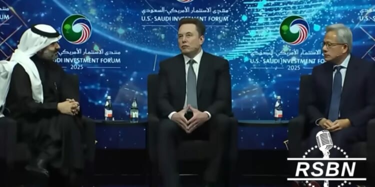 Elon Musk, center, spoke about what the future holds during a panel conversation with Nvidia CEO Jensen Huang, right, and Saudi communications and technology minister Abdullah al-Swaha, left, at the U.S.-Saudi Investment Forum last week in Washington, D.C.