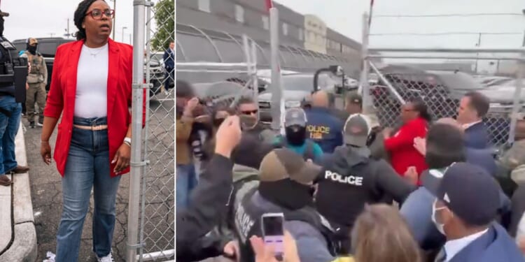 Rep. LaMonica McIver, a New Jersey Democrat, is pictured May 9 struggling against immigration agents, right, and exiting the grounds, left, at Delaney Hall, an ICE detention facility in Newark, New Jersey.