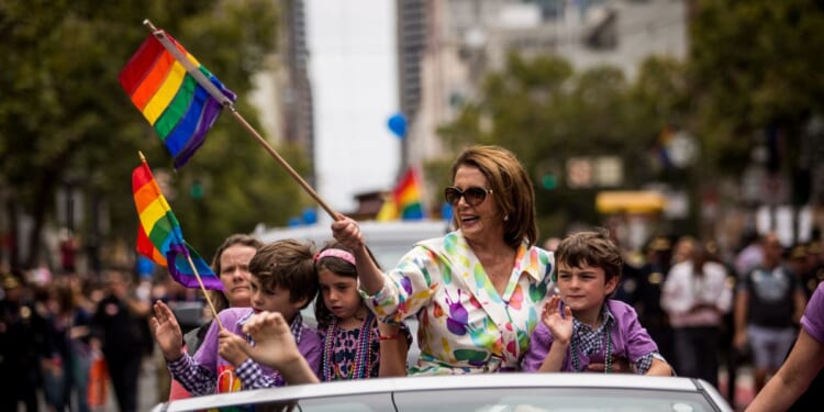 Rep. Nancy Pelosi rides in the San Francisco Gay Pride Parade on June 28, 2015, in San Francisco, California.