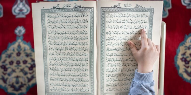 A close up of a boy reading the Quran.