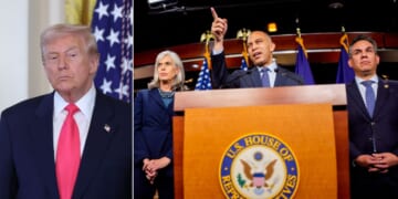 House Minority Leader Hakeem Jeffries, center, flanked by Minority Whip Katherine Clark, left, and Democratic caucus chair Pete Aguilar, seen in an October photo, issued a joint statement complaining about President Donald Trump's social media posts.