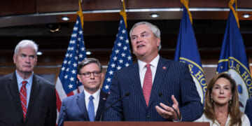 House Oversight Committee Chairman James Comer of Kentucky, center, is joined fellow Republicans, from left, House Majority Whip Tom Emmer of Minnesota, Speaker of the House Mike Johnson of Louisiana, and Rep. Lisa McClain of Michigan Oct. 21 to talk to reporters about the Jeffrey Epstein investigation.