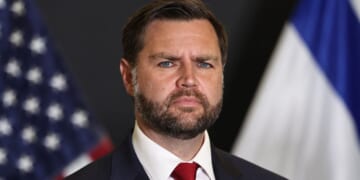 Vice President JD Vance looks on during a news conference following a military briefing at the Civilian Military Coordination Center in southern Israel on Oct. 21.