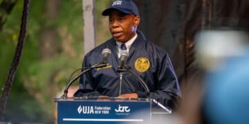 Then-New York Mayor Eric Adams speaks to thousands of listeners at a vigil for Israel in New York City on Oct. 10, 2023.