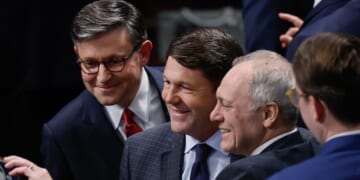 Speaker of the House Mike Johnson, left; House Budget Committee Chairman Jodey Arrington, center; and Majority Leader Steve Scalise, right, pose for a selfie as the House votes on the One Big Beautiful Bill Act at the U.S. Capitol in Washington, D.C., on July 3.