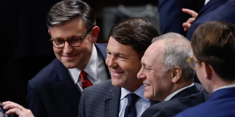 Speaker of the House Mike Johnson, left; House Budget Committee Chairman Jodey Arrington, center; and Majority Leader Steve Scalise, right, pose for a selfie as the House votes on the One Big Beautiful Bill Act at the U.S. Capitol in Washington, D.C., on July 3.