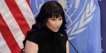 Rapper Nikki Minaj speaks at the US Mission to the United Nations in New York City on Nov. 18, 2025.