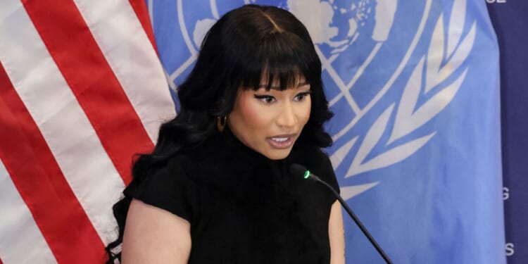 Rapper Nikki Minaj speaks at the US Mission to the United Nations in New York City on Nov. 18, 2025.