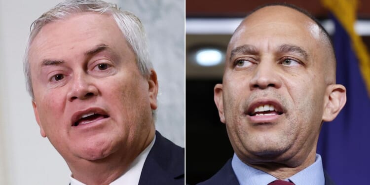 GOP Rep. James Comer of Kentucky, left, brought the receipts after House Minority Leader Hakeem Jeffries, right, called him a liar for saying Jeffries had solicited campaign donations from convicted pedophile Jeffrey Epstein.