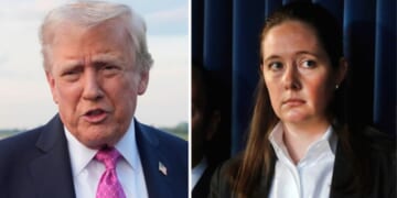 A new report claims that, according to a former cellmate of Jeffrey Epstein, Maurene Comey, right, attempted to strike a deal with Epstein if he would implicate President Donald Trump, left.