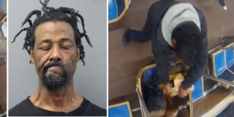 A police mug shot for Lawrence Reed, left. Right, a still from a surveillance video where Reed set a woman on fire aboard a Chicago public transit train.