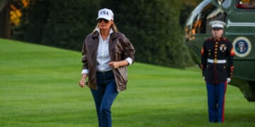 First Lady Melania Trump walks on the South Lawn of the White House on Oct. 5, 2025, in Washington, D.C.