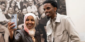 Minneapolis mayoral candidate State Sen. Omar Fateh, right, records an Instagram live video with Rep. Ilhan Omarof Minnesota as he campaigns on Election Day at the University of Minnesota in Minneapolis, Minnesota.