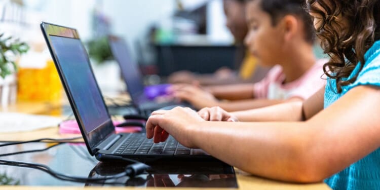 Elementary students work on computers in a computer lab.
