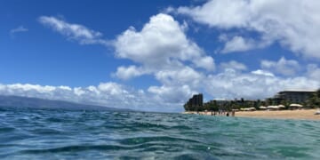 Low-angle view of waters on Kaanapali beach, Maui, Hawaii, July 14, 2025.