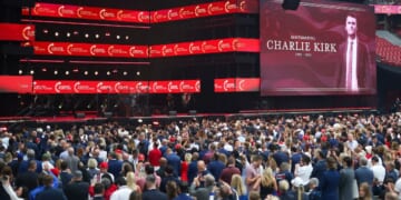 A massive crowd gathers at the memorial service for Christian-conservative icon Charlie Kirk at State Farm Stadium in Glendale, Arizona, on Sept. 21, 2025.