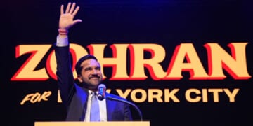 New York City Mayor-elect Zohran Mamdani celebrates during an election night event at the Brooklyn Paramount Theater in Brooklyn, New York, on Nov. 4, 2025.