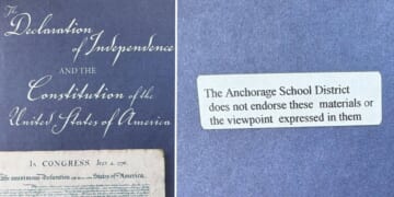 The Anchorage School District placed non-endorsement stickers on booklets containing the founding documents, as one parent posted via Facebook on Nov. 3, 2025.
