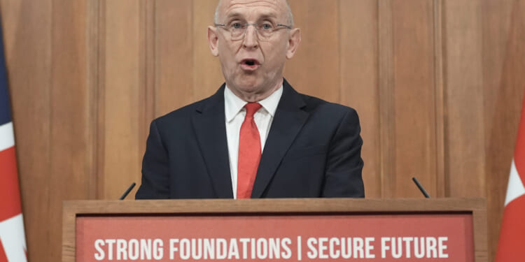 British Defence Secretary John Healey delivers a speech on how the U.K.'s defense industry is delivering growth and national renewal across the U.K. at No. 9 Downing Street in central London on Nov. 19, 2025.