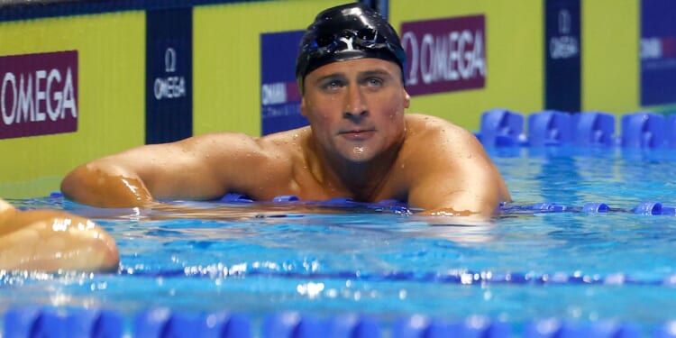 Olympic swimmer Ryan Lochte of the United States reacts after competing in the 2021 US Olympic Team Swimming Trials in Omaha, Nebraska, on June 18, 2021.