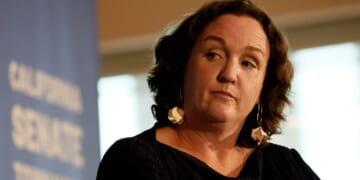 Rep. Katie Porter speaks at a town hall hosted by the advocacy group March For Our Lives at East LA College on Sept. 8, 2023.